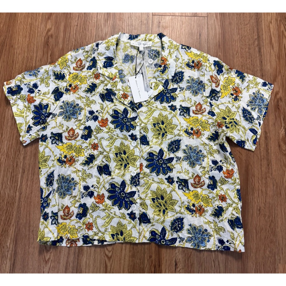 Chelsea & Theodore European Linen Floral Button Down Shirt XL NWT Blue Yellow